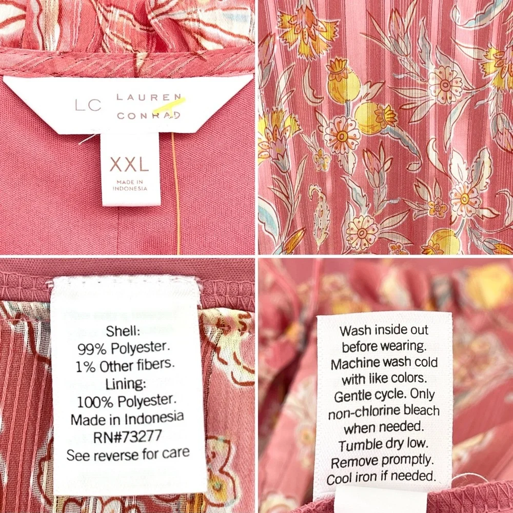 LC LAUREN CONRAD Chiffon Bohemian Blouse 3/4 Ruffle Sleeve Split Neck with Tie - Picture 10 of 12